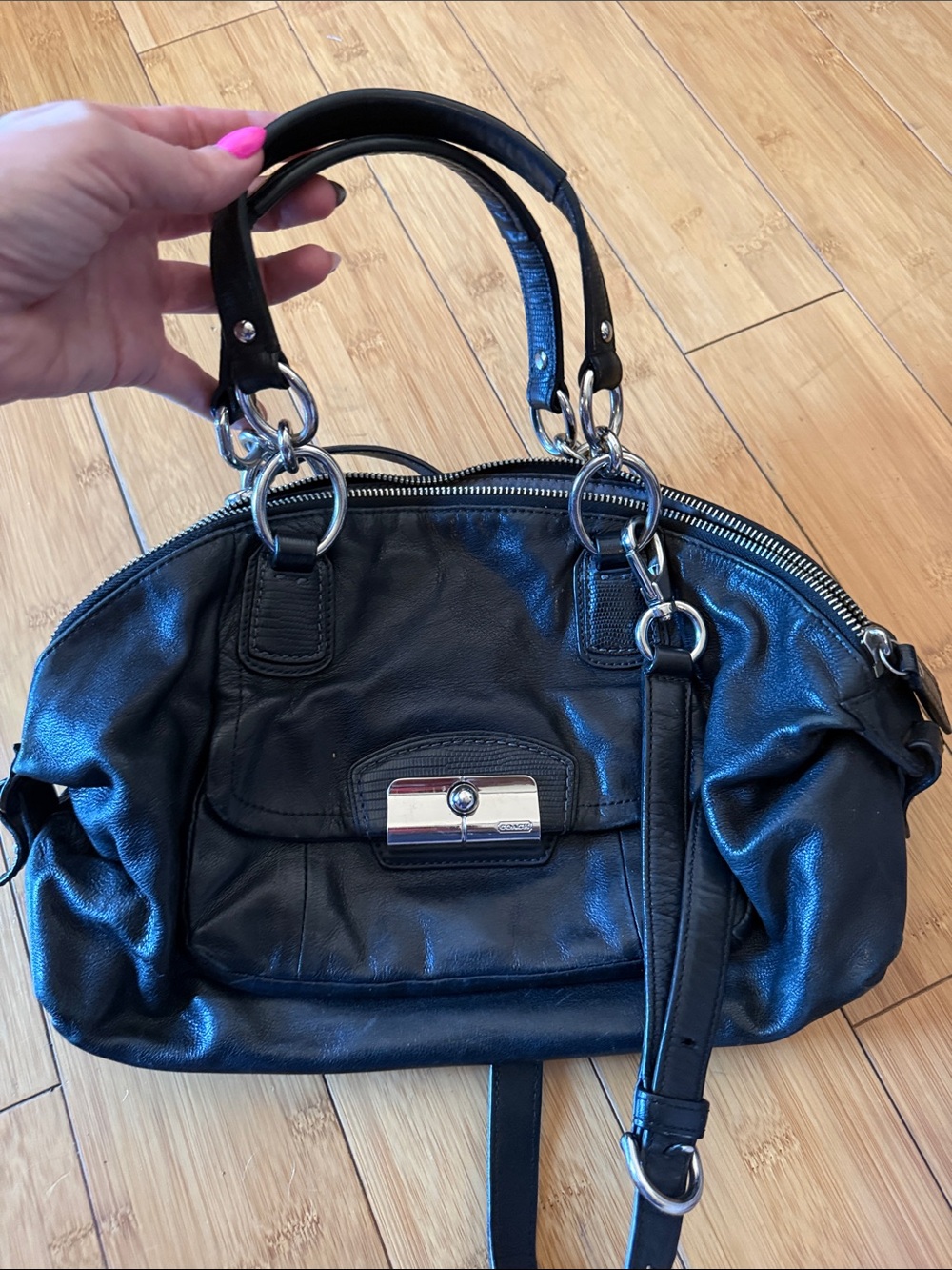 Coach Black Leather Shoulder Bag with Silver Hardware